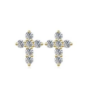 Diamond 14K Gold Plated Sterling Silver Cross Stud Earrings  Dainty  10mm